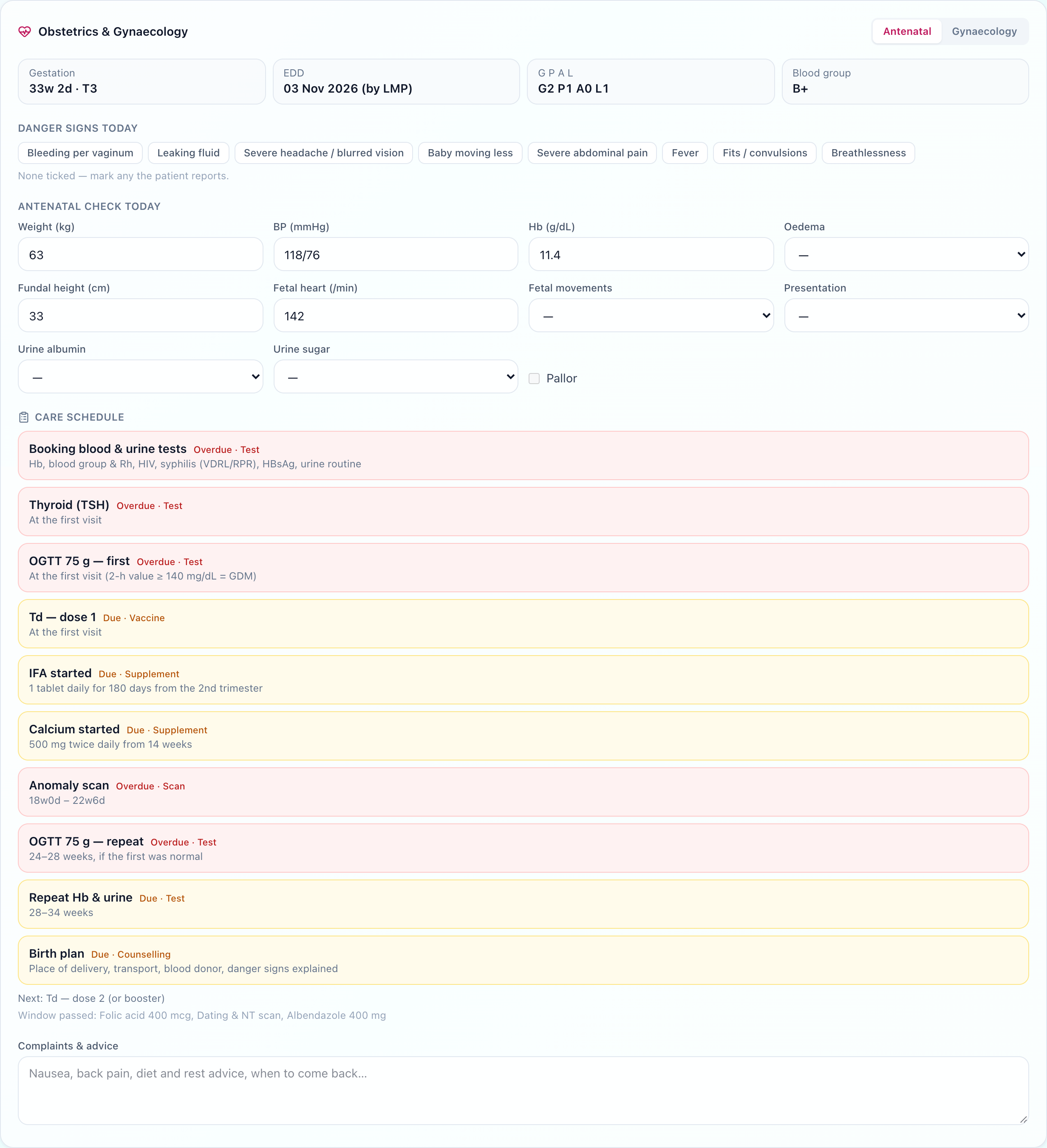 Obstetrics and gynaecology section of a consultation showing gestation, expected date of delivery, gravida and para, the antenatal check for today and the care schedule
