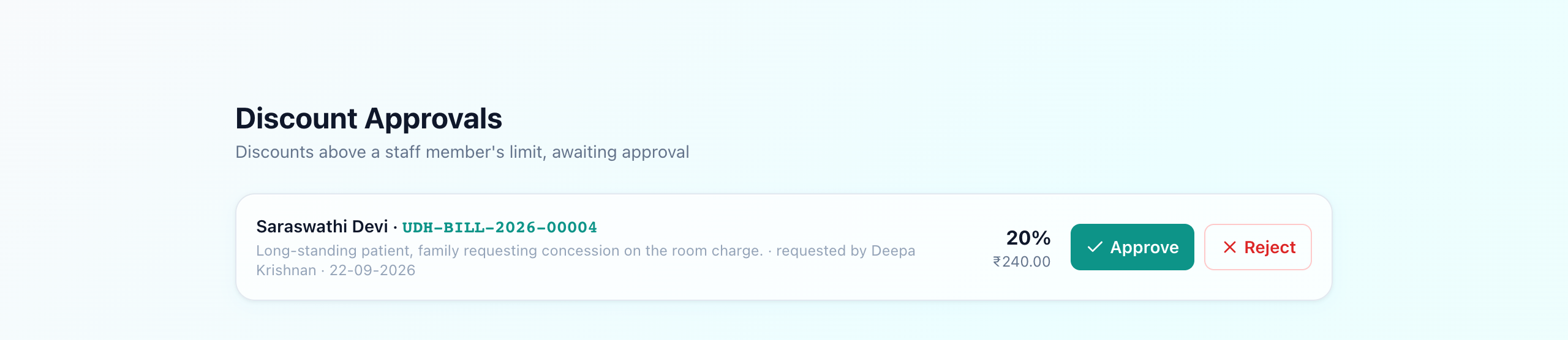 Discount approvals screen showing a pending request with the patient, bill number, reason, who requested it, the percentage and amount, and Approve or Reject buttons