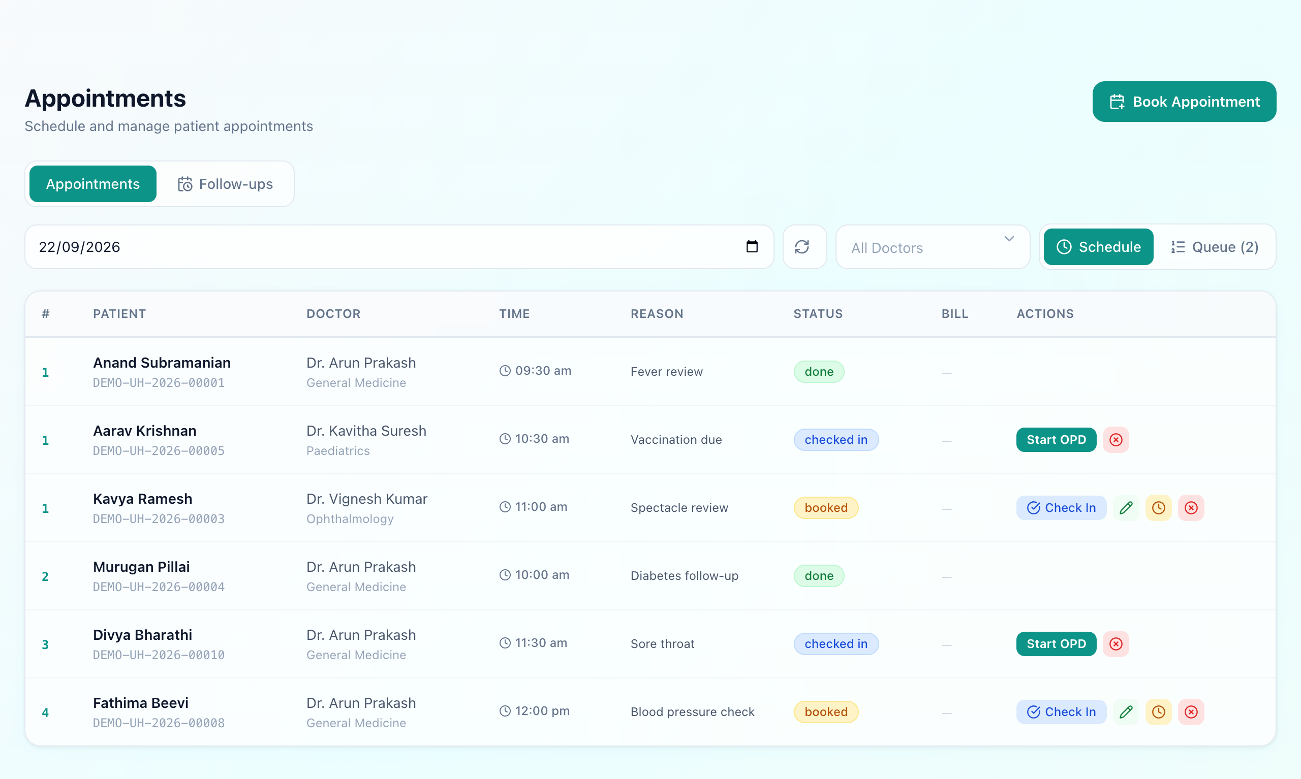 Appointments screen listing the day's bookings with patient, doctor, time, token number and status