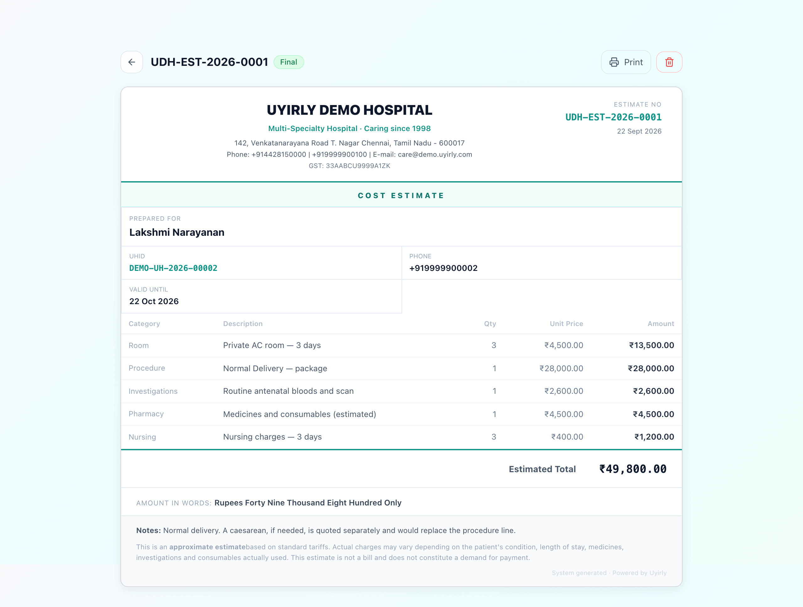 A cost estimate on the hospital letterhead, itemised by category with quantities, unit prices, an estimated total, the amount in words and a note that it is not a bill