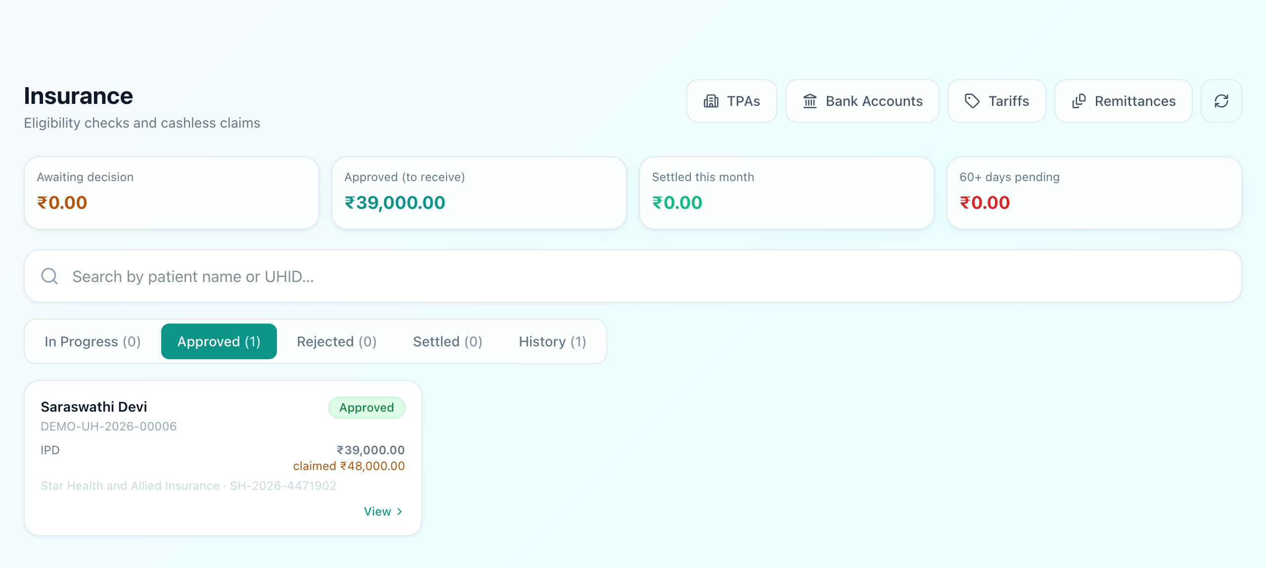 Insurance screen showing receivables across awaiting decision, approved to receive, settled this month and 60-plus days pending, with a claim card showing the approved amount and the higher amount originally claimed