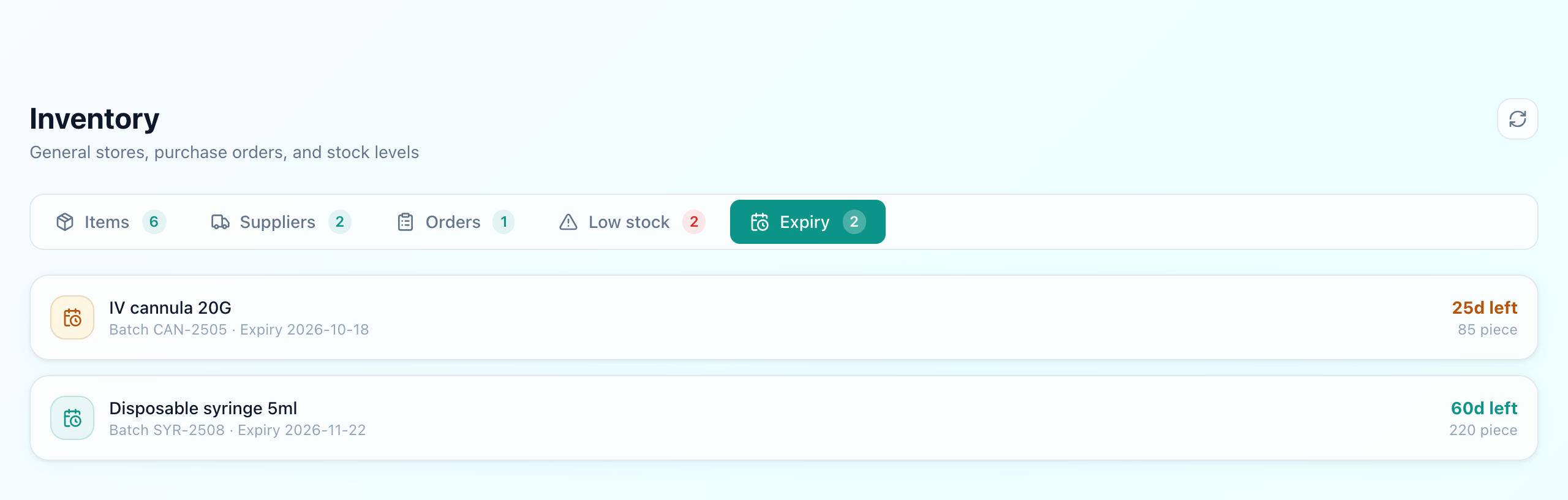 Expiry tab listing batches approaching their expiry date with the item, batch number, quantity remaining and days left