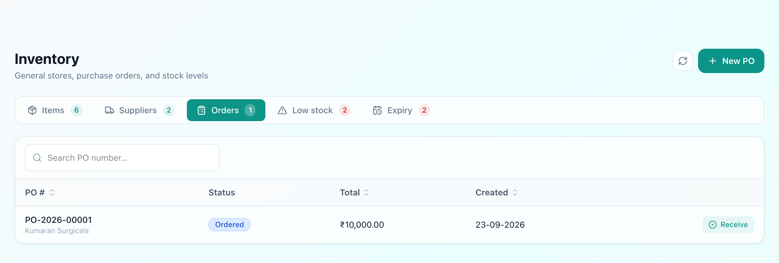Purchase orders tab showing one order, PO-2026-00001 to Kumaran Surgicals, marked Ordered for ten thousand rupees, with a Receive button