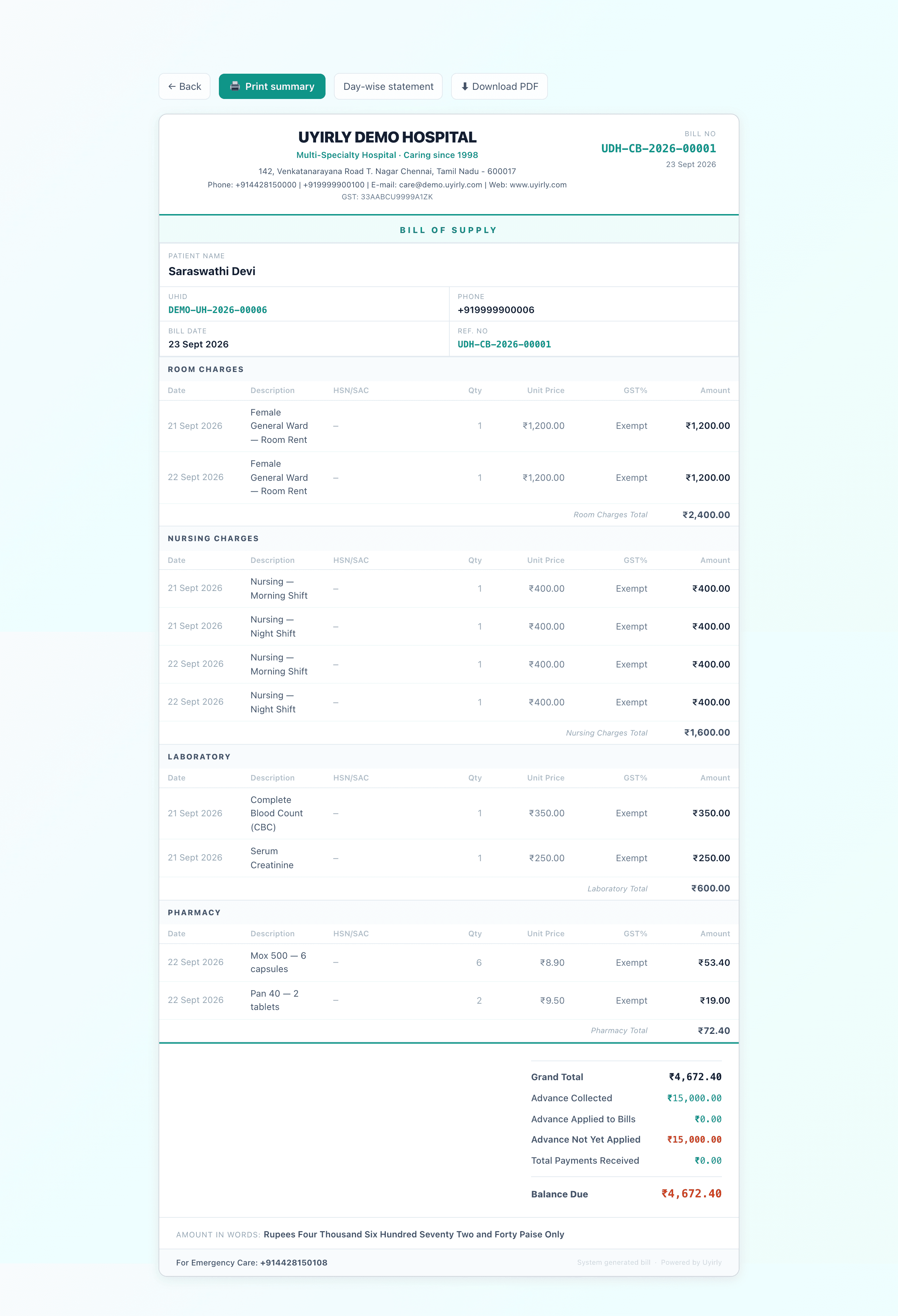 Combined hospital bill on the hospital's letterhead, showing room charges by date, nursing charges per shift, pharmacy and lab sections with totals, and buttons to print, view a day-wise statement or download a PDF