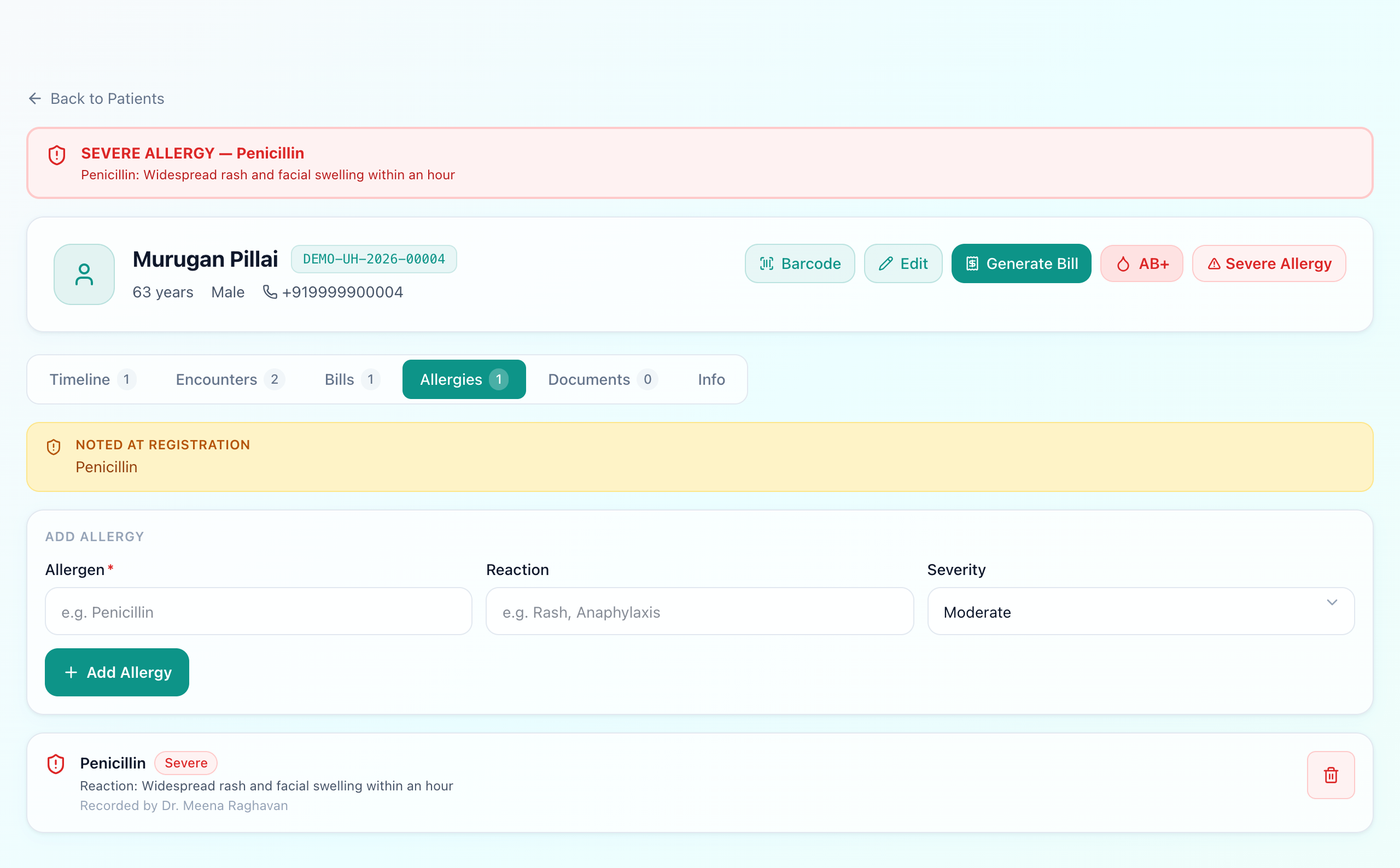 Patient record with a red severe allergy banner across the top reading Penicillin, a severe allergy chip in the header, and the allergies tab listing penicillin with its reaction and severity