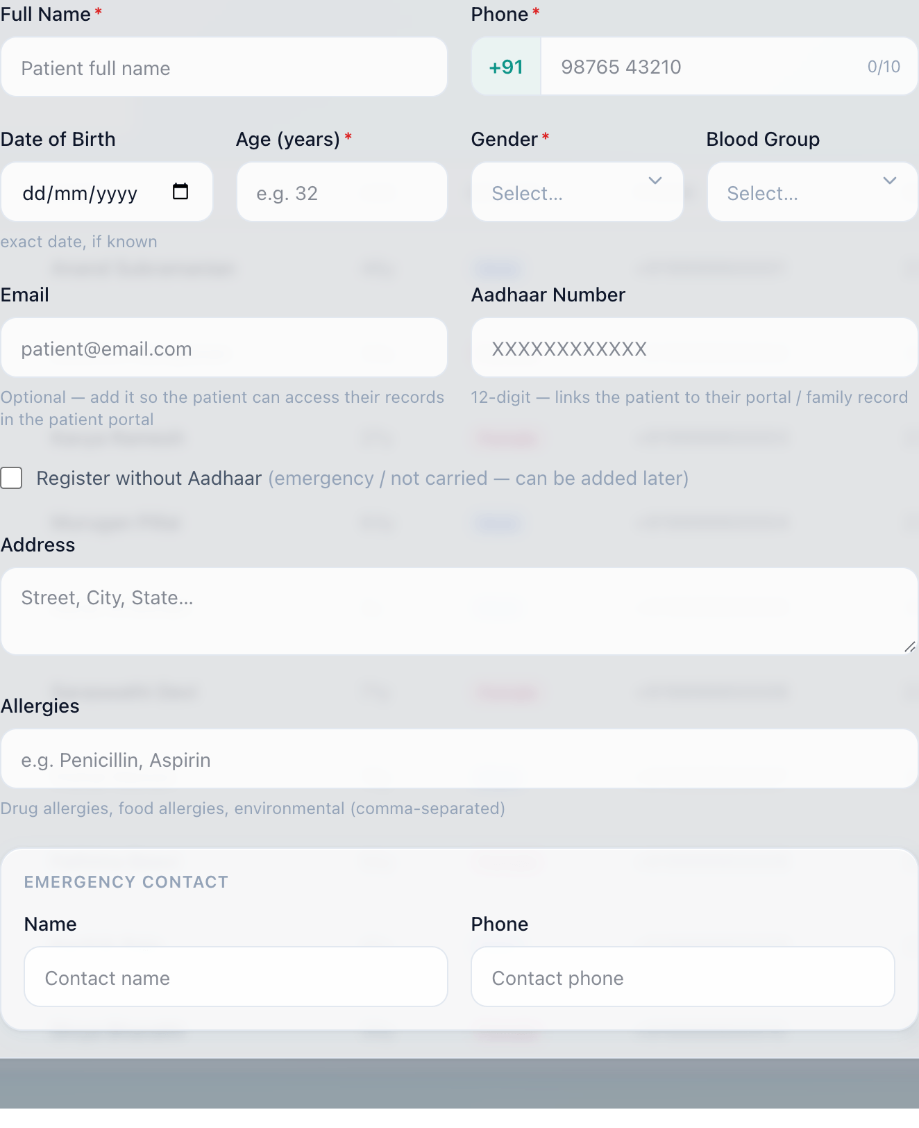 Patient registration form with full name, phone, date of birth, age, gender, blood group, Aadhaar and address