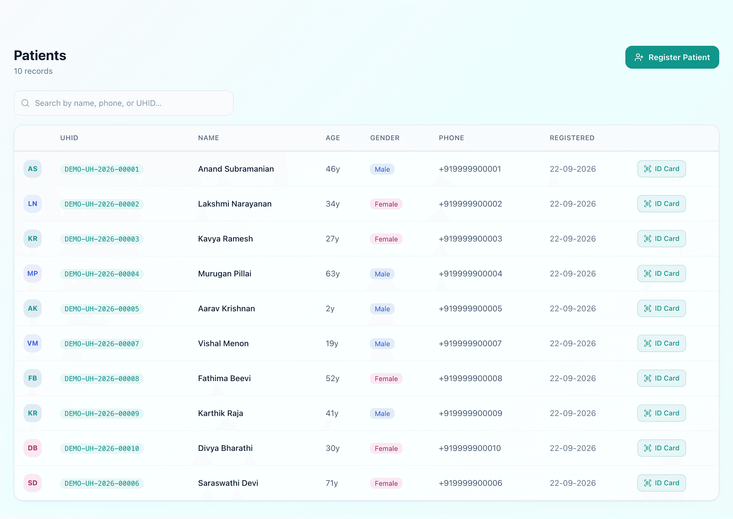 Patient register listing each patient with their UHID, age and gender, phone number, last visit and outstanding balance, with a search box above