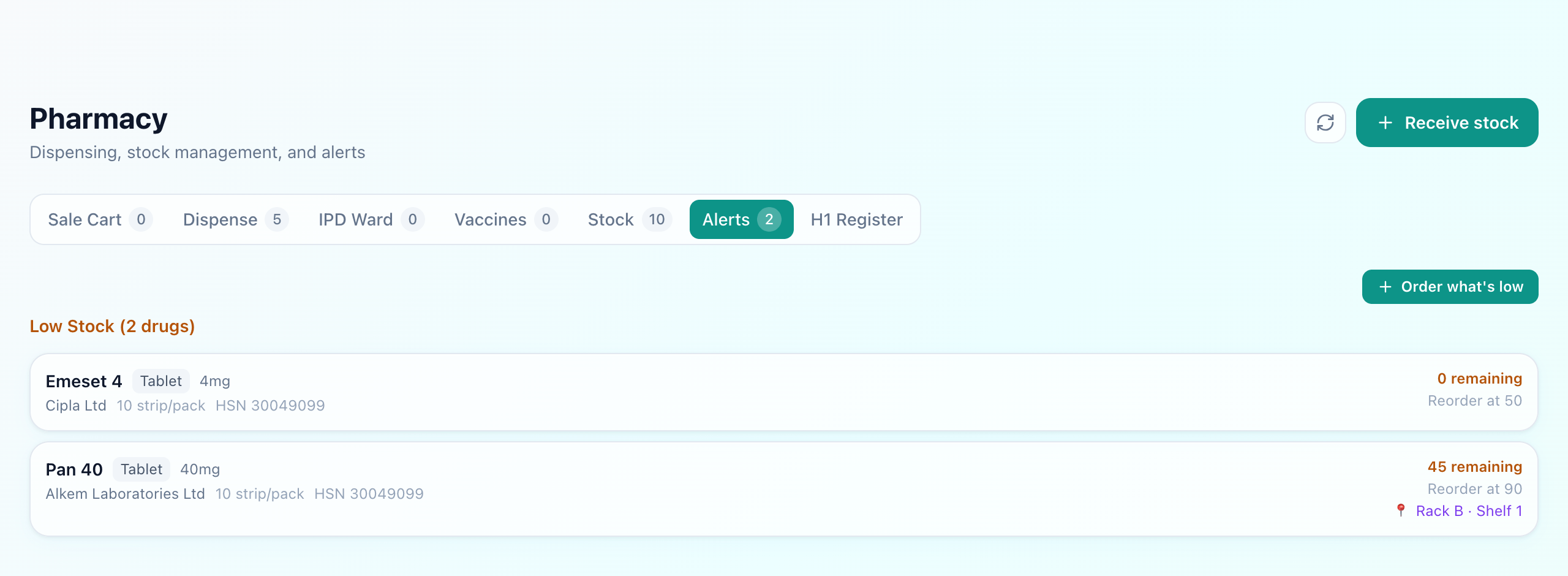Alerts tab showing two low-stock medicines with quantity remaining, reorder level and rack, and an Order what's low button