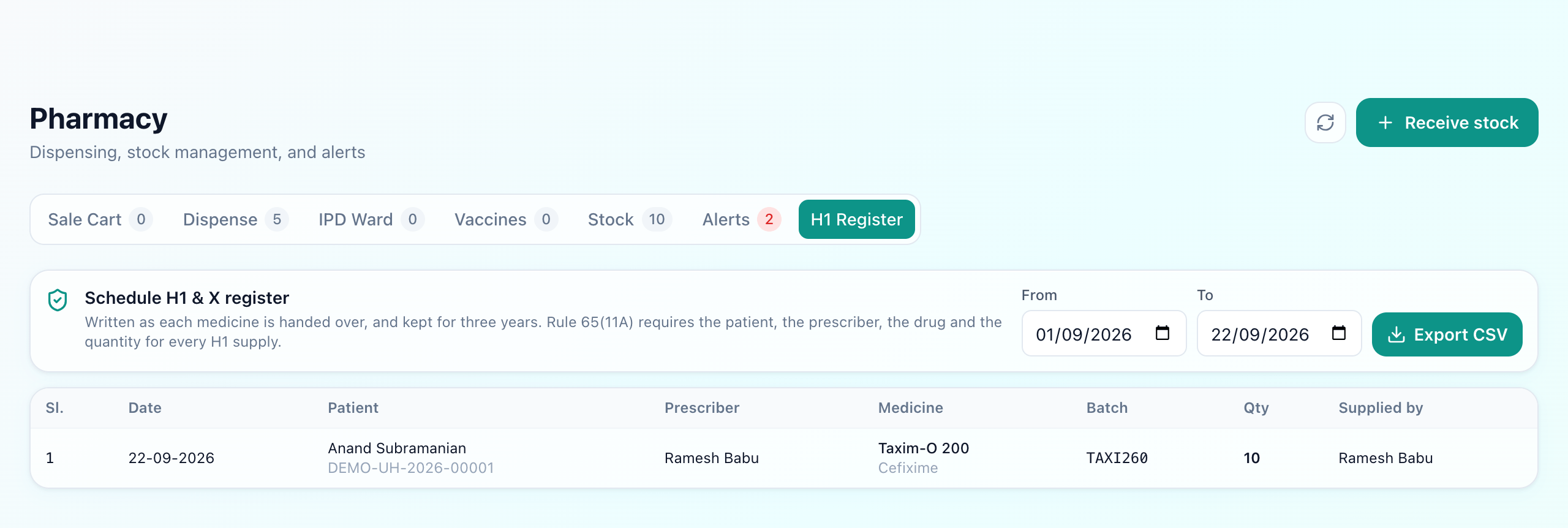H1 Register tab showing an entry with serial number, date, patient name and UHID, prescriber, medicine, batch, quantity and who supplied it, above a date range and an Export CSV button