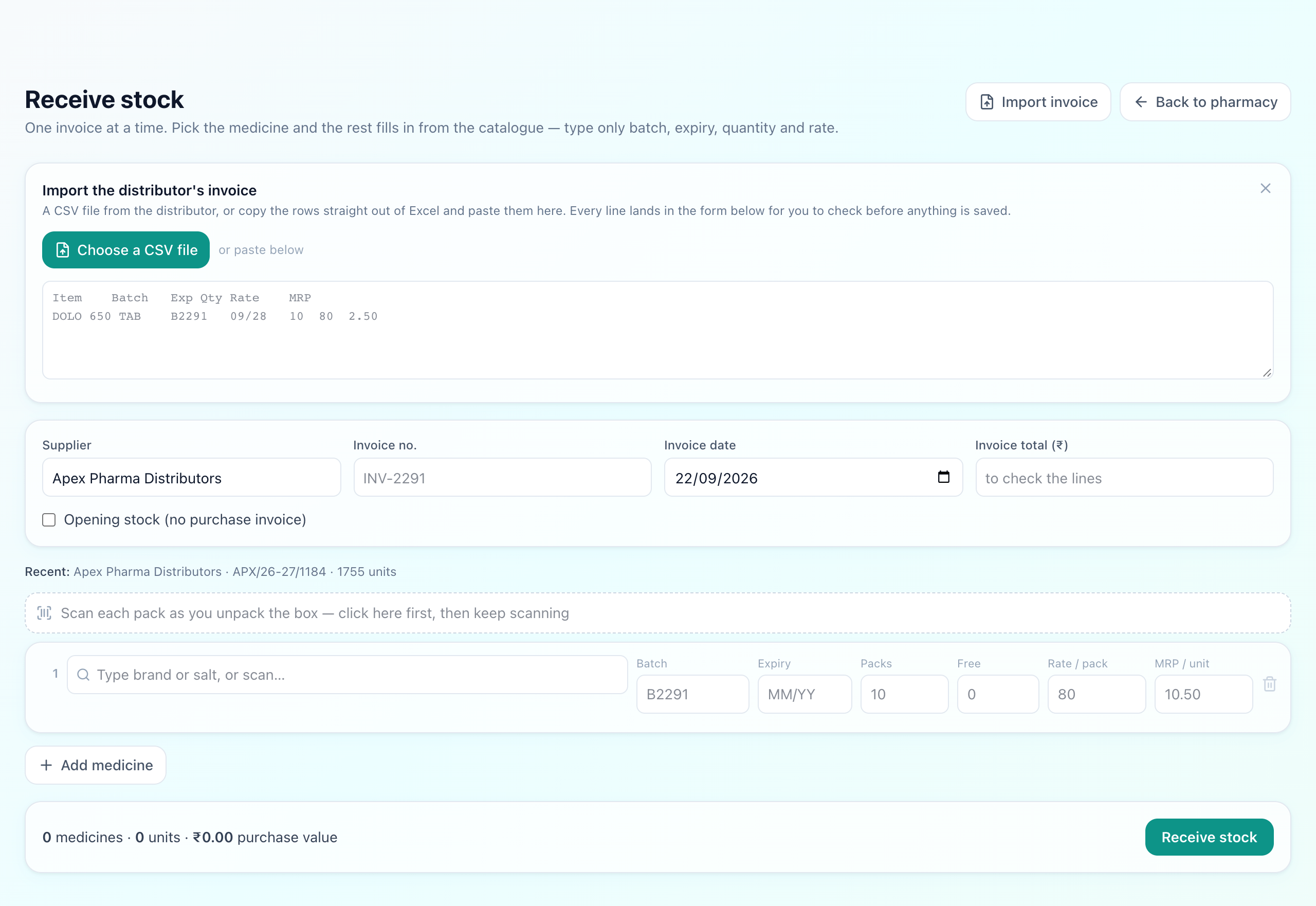 Import panel showing the detected header row, dropdowns matching each column to Medicine, Batch, Expiry, Quantity, Rate and MRP, and a preview of the first rows