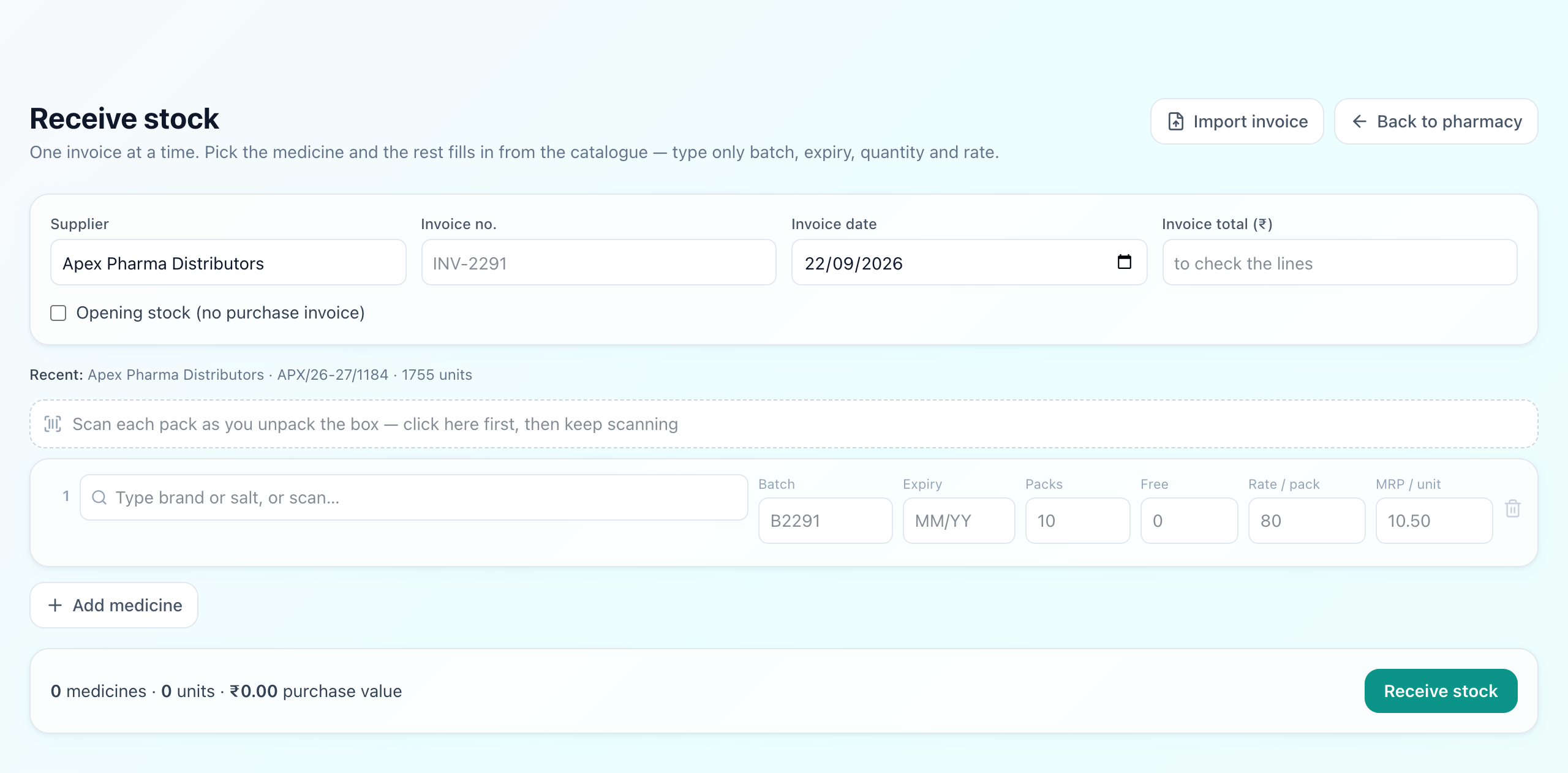 Receive stock screen with supplier, invoice number, date and invoice total across the top, and a medicine line below with batch, expiry, packs, free, rate and MRP