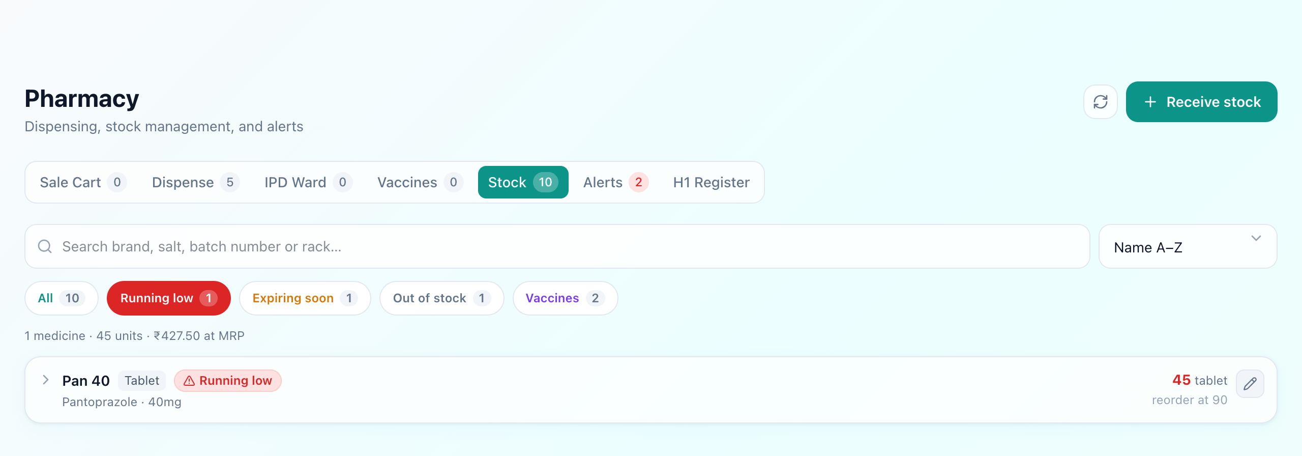 Stock tab filtered to Running low, showing a single medicine at 45 tablets against a reorder level of 90