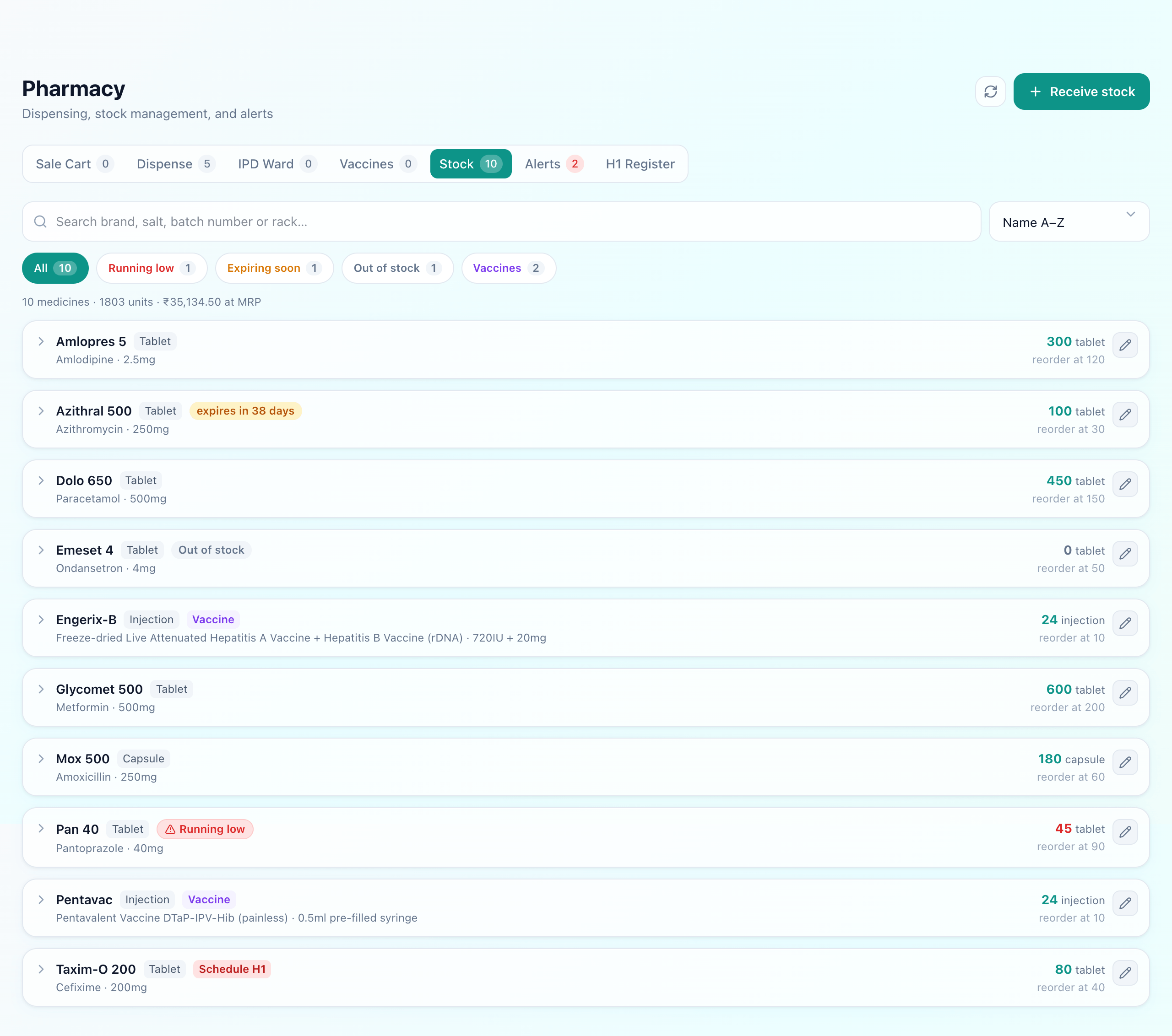 Stock tab listing ten medicines with filter chips for running low, expiring soon, out of stock and vaccines, and badges on individual rows for expiry, out of stock and Schedule H1