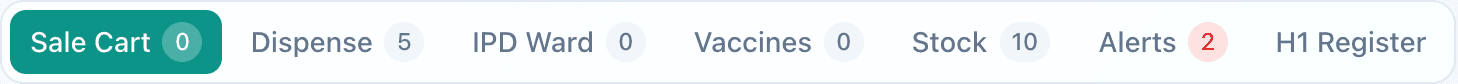 Pharmacy tab bar showing Sale Cart, Dispense, IPD Ward, Vaccines, Stock, Alerts and H1 Register, each with a count beside it