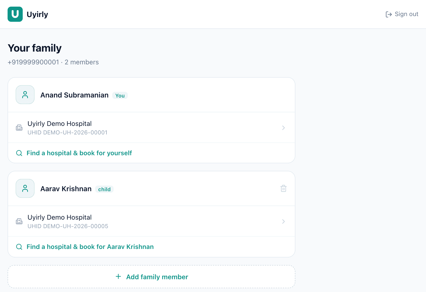 Patient portal home showing Your family with two members — the account holder marked You and a child — each listing the hospital they have a record at with its UHID, and links to find a hospital and book