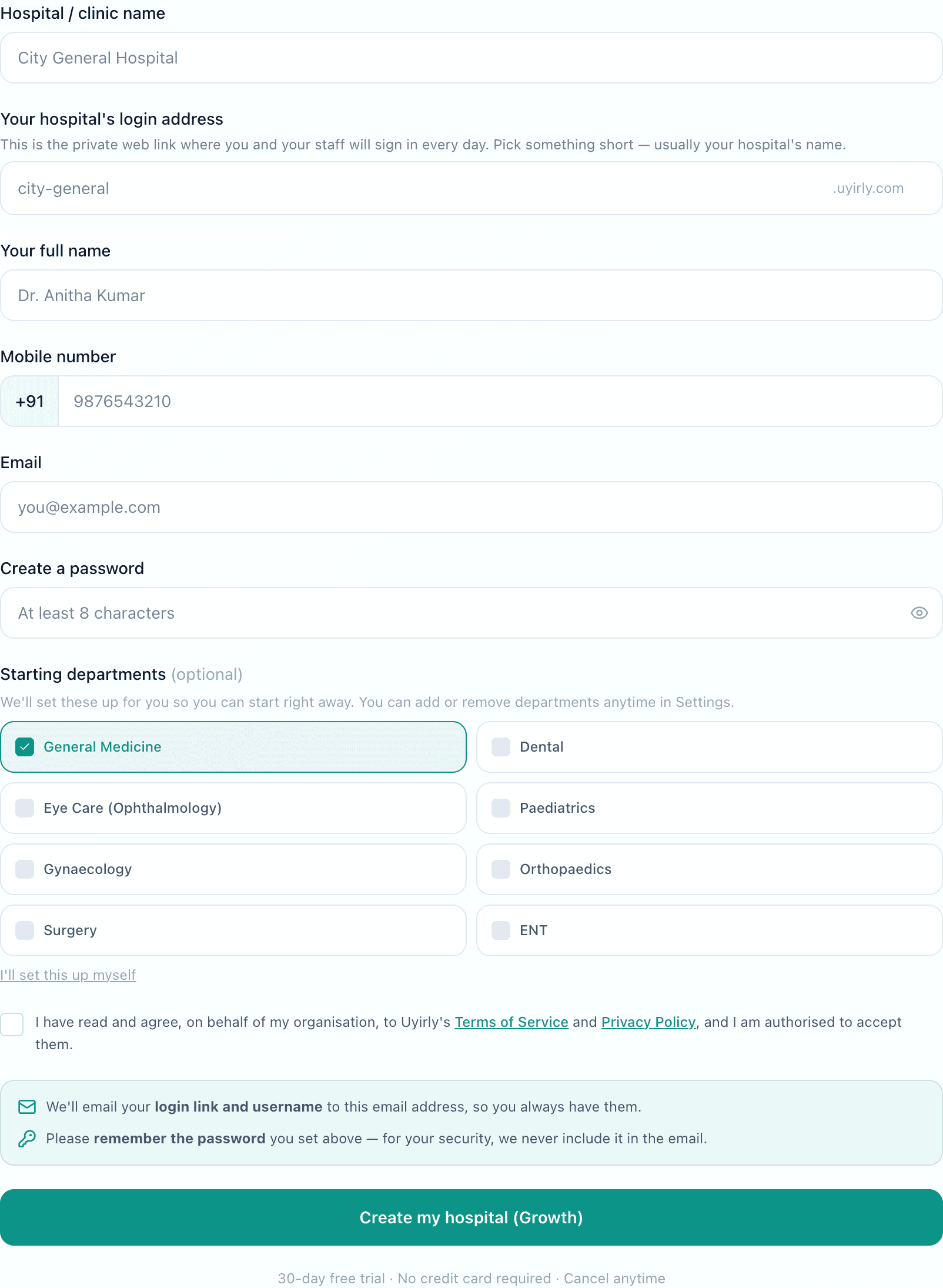 Signup form asking for hospital name, a login address ending in uyirly.com, your name, mobile, email and password, then a grid of starting departments to switch on, ending in a create button and a 30-day free trial note